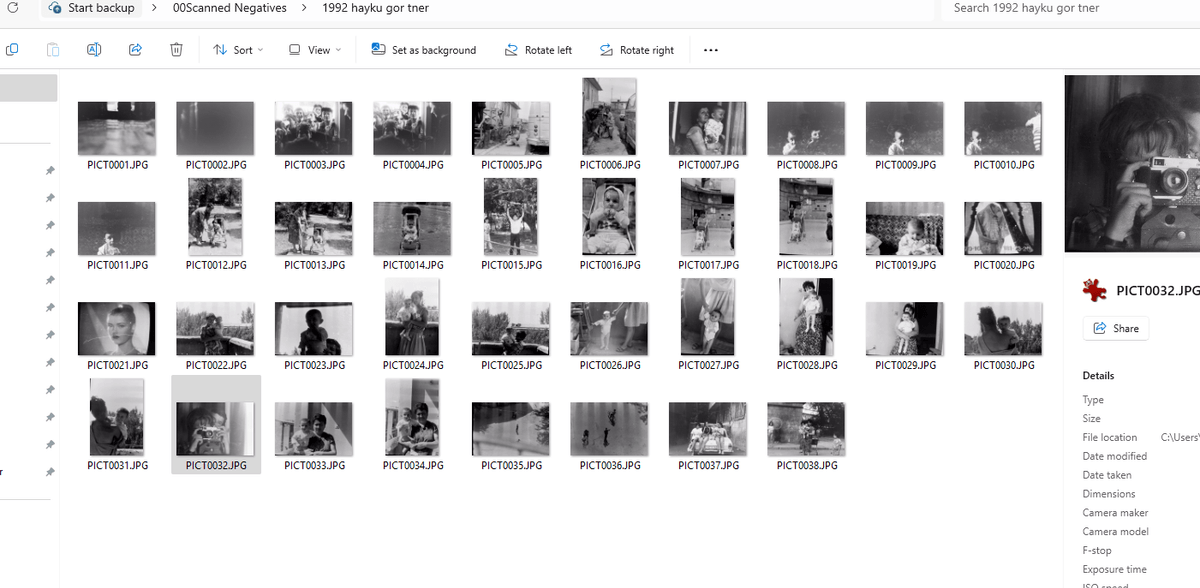 Contact sheet showing multiple frames from rediscovered 1980s film roll