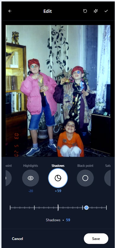 Revolutionary mobile photo editing interface featuring vertical swipe controls for fast photo cropping and enhancement Mobile photo editor interface with one-touch vertical controls for cropping and editing old photos