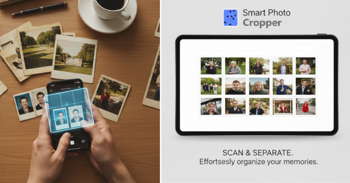 A phone photographing printed photos on a table, and the Smart Photo Cropper app automatically separating them into a neat grid of individual images